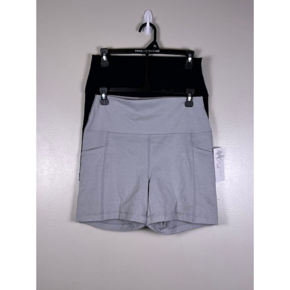 Yogalicious Lux Womens High Waisted Biker Shorts with Pockets Black Grey 2 Pack